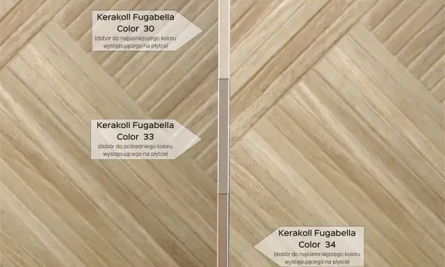 Wybór fugi do płytek drewnopodobnych: Kerakoll Fugabella w kolorach 30, 33 i 34, dopasowanych do odcieni płytek.