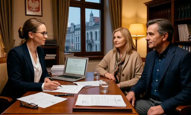 Prawniczka wyjaśnia parze, co to intercyza, podczas spotkania w kancelarii.