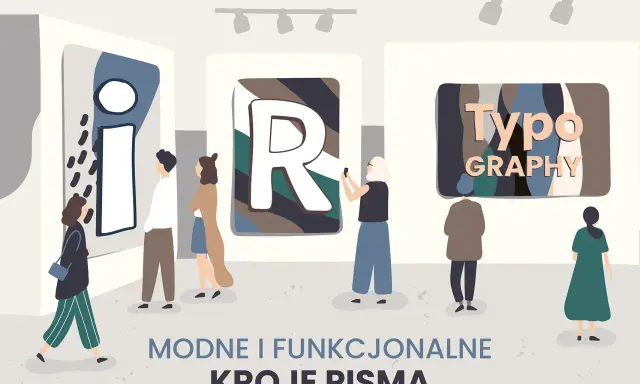 Wystawa prezentuje nowoczesne kroje pisma, gdzie dziwne czcionki tworzą artystyczne kompozycje. Ludzie podziwiają litery na plakatach.