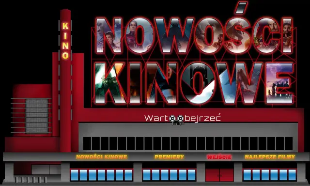 Neonowy napis "NOWOŚCI KINOWE" na tle kina z klatkami filmowymi w literach.