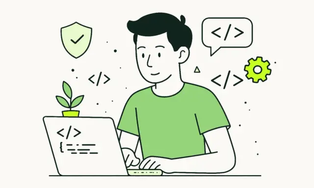 Młody programista pracuje przy laptopie, otoczony symbolami kodu i rozwoju. Angielski w IT to klucz do jego sukcesu.