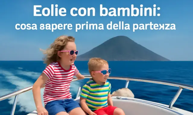 Bambini felici in barca alle Isole Eolie, con un vulcano sullo sfondo. Perfetto per una vacanza in famiglia!