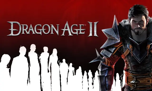 Mroczny wojownik w zbroi, obok niego białe sylwetki ludzi. Tytuł gry Dragon Age II.