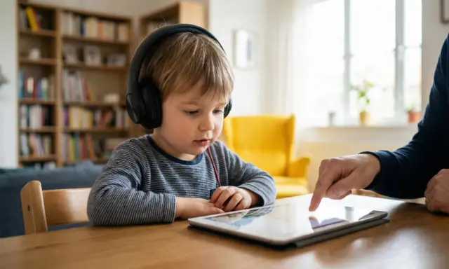 Chłopiec w słuchawkach uczy się zasad bezpiecznego korzystania z internetu dla dzieci, korzystając z tabletu pod okiem dorosłego.