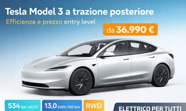 Tesla Model 3 RWD con 534 km di autonomia WLTP, ideale per chi cerca efficienza e un prezzo entry level.