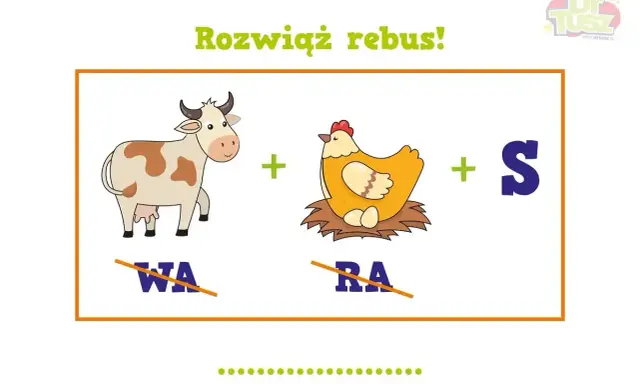 Rozwiąż rebus! Krowa (bez WA) + kura (bez RA) + S = ? Zabawne rebus dla dzieci do druku.
