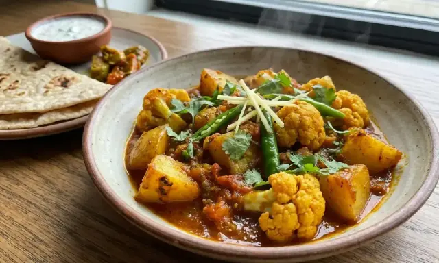 En härlig portion indisk mat med blomkål, potatis och gröna chili i en kryddig sås, serverad med naanbröd och raita.