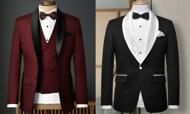 Two elegant tux combinations: a burgundy suit with a black satin lapel and a classic black tuxedo with a white satin lapel.