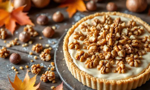 Une délicieuse tarte aux noix crémeuse, garnie de noix entières et de morceaux, sur un fond rustique avec des feuilles d'automne.