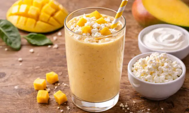 Orzeźwiający koktajl z mango, udekorowany kostkami owocu i serem. Obok leżą świeże mango i miseczki z jogurtem i twarożkiem.