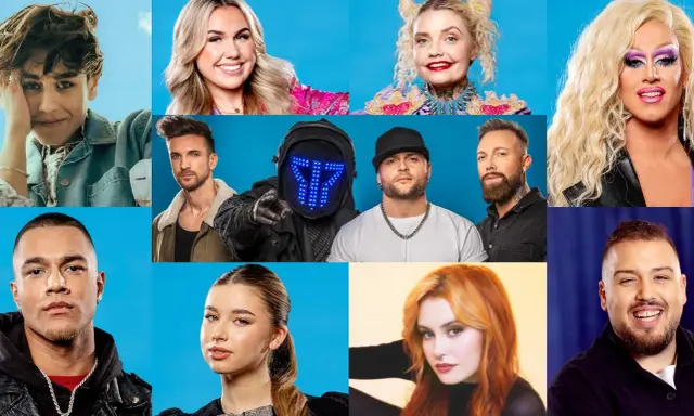 Collage med sommarlov artister: unga män, kvinnor, en dragartist och en maskerad person.