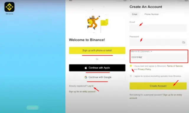 Ekran rejestracji na Binance. Dowiedz się, jak zacząć, wypełniając formularz lub logując się przez Apple/Google. Wpisz kod polecający CCH1F46Z.