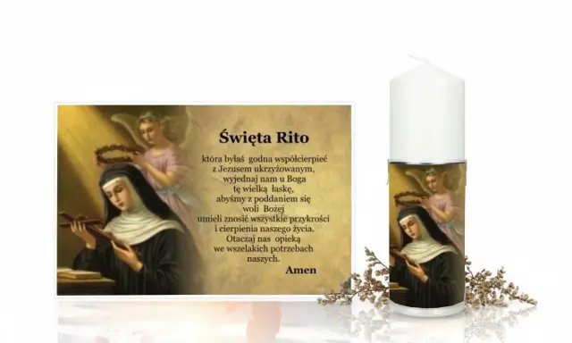 Święta Rito, wzór cierpliwości, z aniołem i krzyżem.