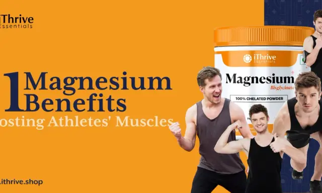 11 Magnesium-Vorteile für den Muskelaufbau von Athleten. Ein Mann zeigt stolz seine Muskeln neben einer Magnesium-Dose.