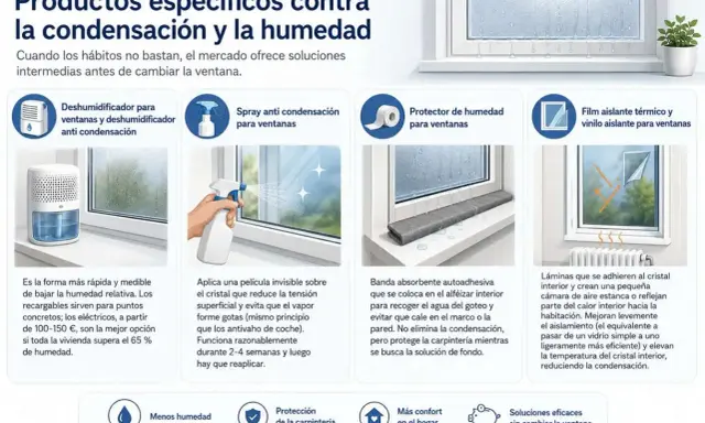 Soluciones para la condensación en ventanas: deshumidificador, spray anti-condensación, protector de humedad y film aislante.