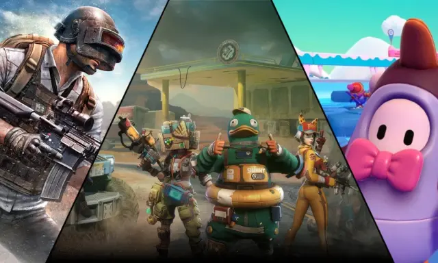 Gracze szukający gier podobnych do Fortnite znajdą tu żołnierza z bronią, postacie z kreskówkowymi zwierzętami i kolorowego stworka w balonie.