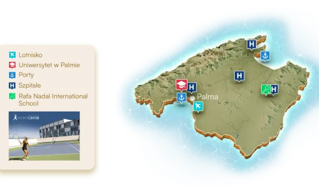 Majorka mapa z zaznaczonymi lotniskiem, uniwersytetem, portami, szpitalami i szkołą Rafa Nadal International School.
