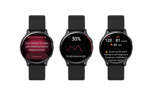 Tre smartwatch mostrano diverse schermate: misurazione pressione, caricamento 30% e risultati. Utili per monitorare le calorie attive cosa sono.