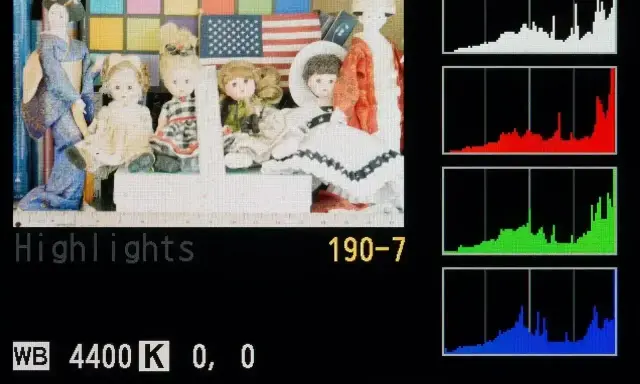 Histogram co to? Wykresy RGB pokazują rozkład jasności na zdjęciu z lalkami i flagą USA.