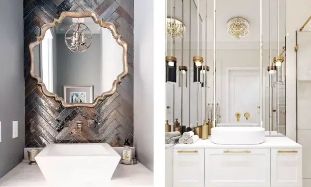 Elegancka łazienka w stylu glamour z ozdobnym lustrem i nowoczesną umywalką po lewej, oraz białą szafką z złotymi uchwytami i wiszącymi lampami po prawej.