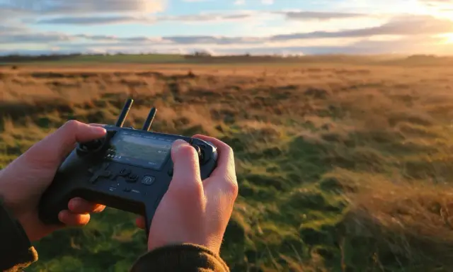 Hände steuern eine Drohne mit einem Controller im goldenen Abendlicht. Eine tolle droniq app alternative für Drohnenpiloten.