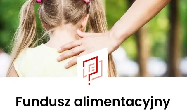 Dłoń kładzie się na ramieniu dziecka. Pod spodem napis: Fundusz alimentacyjny.