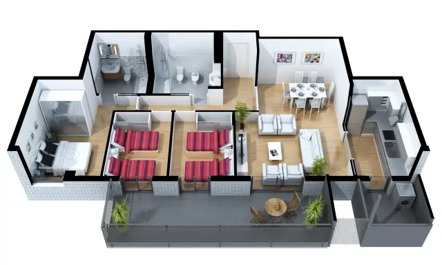 Plano de una vivienda con dormitorio principal, dos habitaciones, dos baños, salón, comedor, cocina y terraza. Ideal para saber donde ver los metros cuadrados de una propiedad.