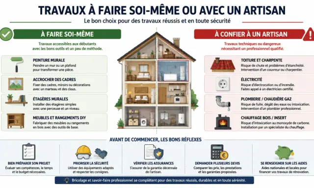 Guide comparatif pour **faire ses travaux soi même** ou confier les à un artisan. Illustre les tâches DIY et celles nécessitant un pro.