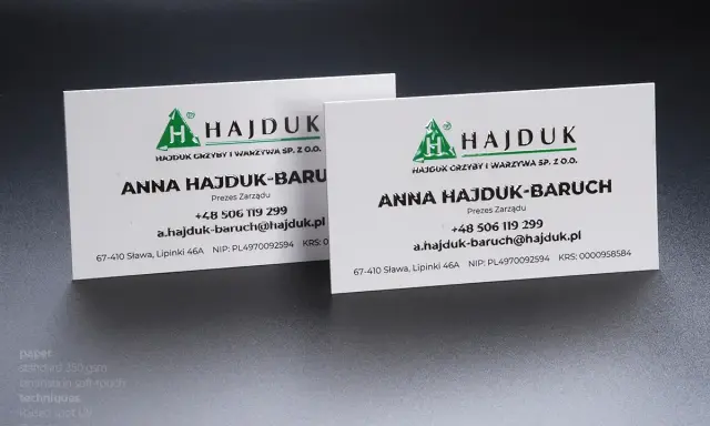 Wizytówki z efektem lakier uv 3d, prezentujące dane kontaktowe firmy "HAJDUK".