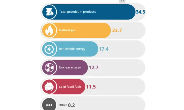 Grafische Darstellung des europäischen Strommix mit Prozentangaben für Erdölprodukte, Erdgas, erneuerbare Energien, Kernenergie, feste fossile Brennstoffe und Sonstiges.