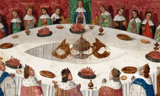 Banquet médiéval, des chevaliers autour d'une table, un calice scintillant au centre, évoquant la quête du graal.
