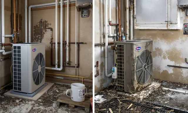 Deux unités extérieures de pompe à chaleur air-air, une blanche et une beige, sont installées dans une pièce sale. Avis négatif sur l'installation.