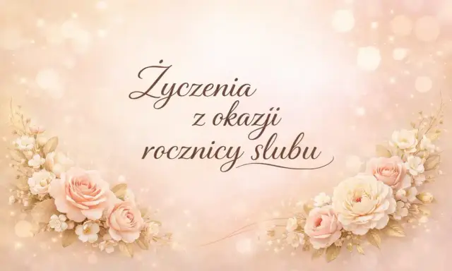 Delikatne róże i napisy "Życzenia z okazji rocznicy ślubu" na pastelowym tle. Słodka cukrowa rocznica.