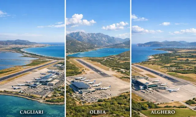 Trzy lotniska na Sardynii: Cagliari, Olbia i Alghero, z widokiem na morze i góry.