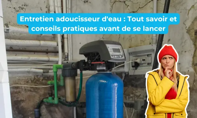 Une femme réfléchit devant un adoucisseur d'eau. Le texte indique "Entretien adoucisseur d'eau : Tout savoir et conseils pratiques".