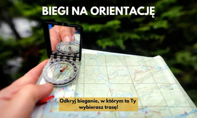Dłoń trzyma kompas i mapę, gotowa do biegu na orientację. Odkryj przygodę, gdzie Ty wybierasz trasę!