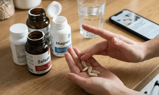 Ręce trzymające tabletki, obok butelki z magnezem i żelazem. Warto wiedzieć, jakich suplementów nie łączyć, by uniknąć interakcji.