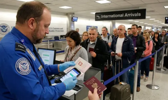 Kontrola paszportowa na lotnisku w USA. Urzędnik TSA sprawdza dokumenty podróżnych, wśród których widać osoby z polskimi paszportami.