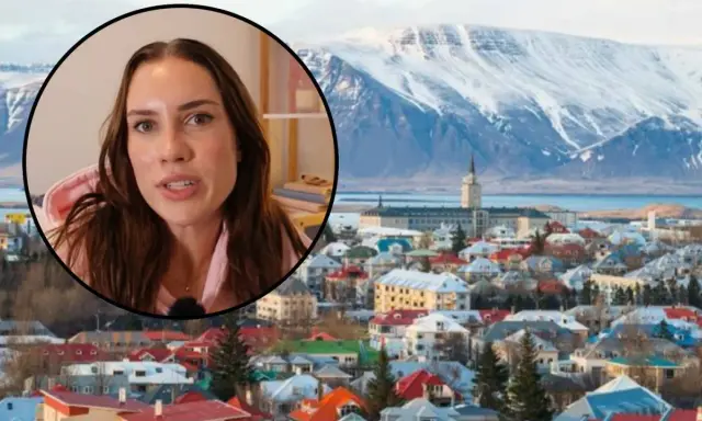 Kobieta opowiada o życiu na Islandii, w tle kolorowe domy Reykjaviku i ośnieżone góry.