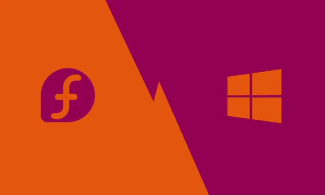 Logo Fedora i Windows na tle podzielonym na pomarańczowy i fioletowy.