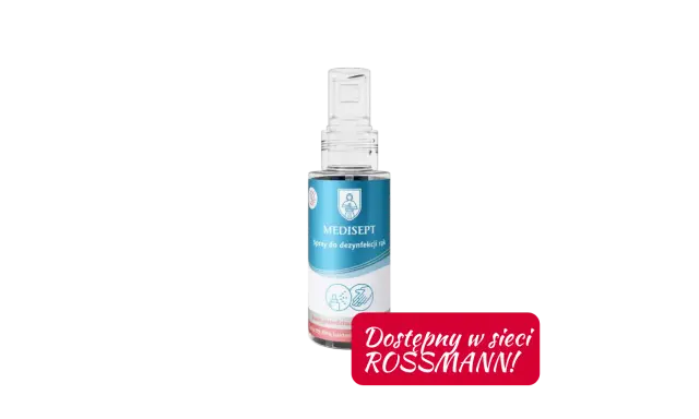 Butelka sprayu do dezynfekcji rąk MEDISEPT z napisem "Dostępny w sieci ROSSMANN!".