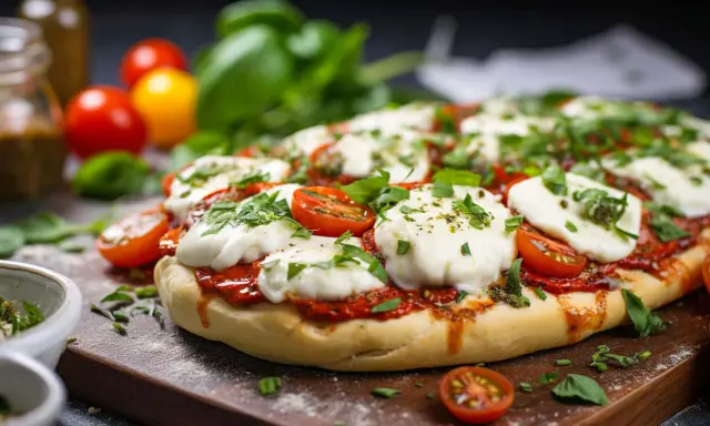 Dietetyczna pizza z mozzarellą, pomidorkami i bazylią. Idealna na lekki posiłek, gdy zastanawiasz się, jak zrobić dietetyczną pizzę.