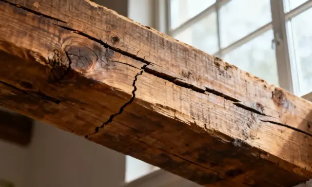 Gros plan sur une poutre en bois fissurée, témoin silencieux d'une maison qui craque toujours au même endroit. La lumière du jour révèle ses imperfections.