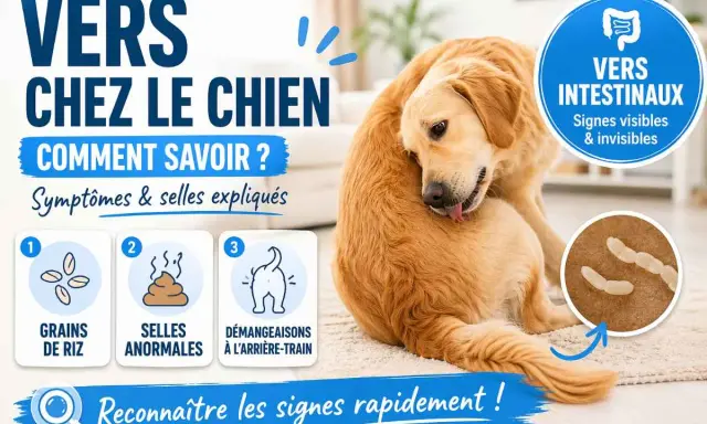 Chien se léchant le flanc, avec des icônes illustrant des vers, des selles anormales et des démangeaisons.