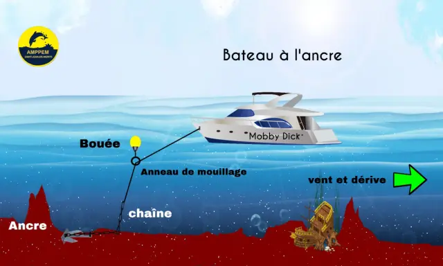 Le bateau "Mobby Dick" est à l'ancre. Une bouée, un anneau de mouillage et une chaîne relient le navire à une ancre au fond de l'océan.
