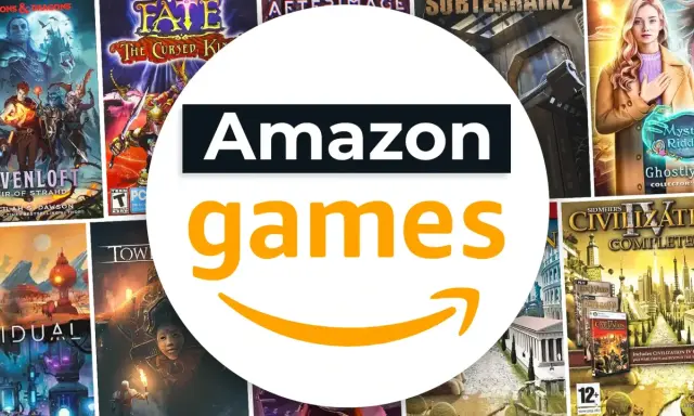 Gry z serii "Ravenloft", "Fate: The Cursed King", "Mystical Riddles" i "Civilization IV" na tle logo Amazon Games. Prime Gaming oferuje dostęp do wielu tytułów.