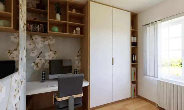 Un bureau fonctionnel pour un espace télétravail lumineux, avec rangements intégrés et une touche décorative florale.