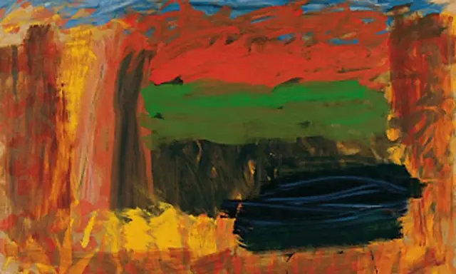 Vibrant abstract painting by Howard Hodgkin, with bold strokes of red, green, and blue suggesting a landscape or memory.
