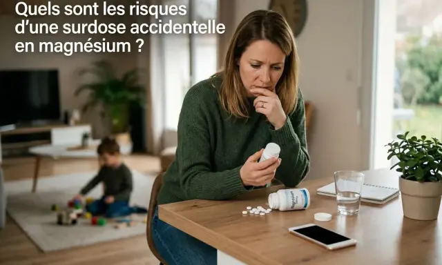 Besorgte Frau liest Beipackzettel einer Magnesium-Dosierung. Ein Kind spielt im Hintergrund.