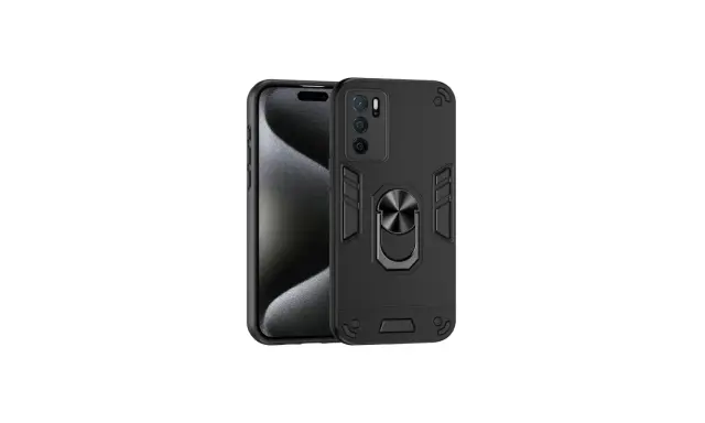 Czarne, wytrzymałe etui na telefon Oppo A16 z pierścieniem na palec i wzmocnionymi narożnikami.